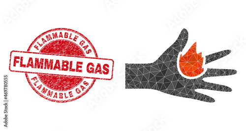 Lowpoly polygonal burn hand 2d illustration with Flammable Gas corroded stamp seal. Red stamp seal includes Flammable Gas tag inside circle form. Burn hand icon filled with triangles.