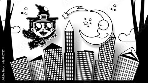 Halloween Fullmoon Banner, Witch, Haunted House, Pumpkins