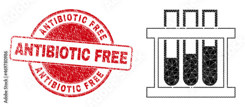 Low-Poly triangulated chemical test tubes icon illustration with ANTIBIOTIC FREE unclean stamp seal. Red stamp seal includes Antibiotic Free tag inside circle it.