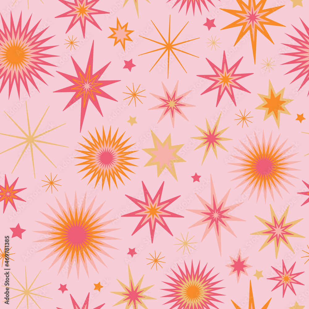 Pink and orange and gold starburst seamless vector pattern. Bright, colorful bursts and stars. Fun, festive abstract fireworks. Repeat background surface texture print. Decorative gift wrap paper art.