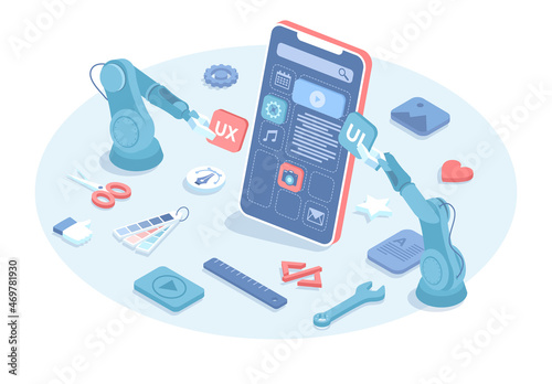 Mobile application development process. New mobile app software programming. Smartphone interface building by robotic arm. Vector illustration in 3d design. Isometric web banner.
