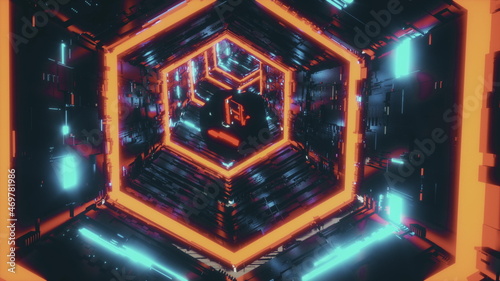 abstract background with a mirror polyhedron flying through the hexagon tunnel in neon colorful azure and red lights. 3d rendering animation in 4K video.