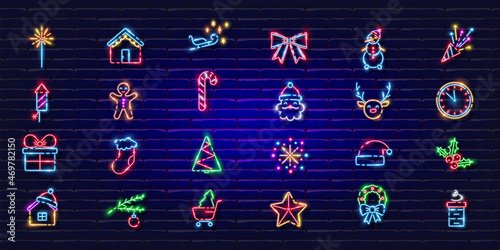 New year symbols neon set. Glowing icons. New Year and Christmas concept. Vector illustration for design.