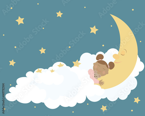 Little girl sleeping in a bed of clouds on the moon with cute stars.