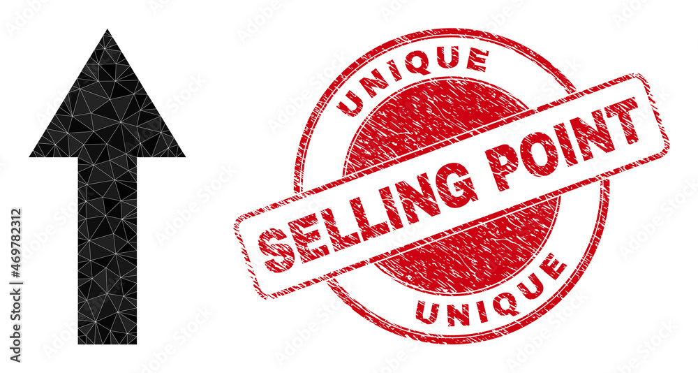 Low-Poly triangulated arrow up 2d illustration, and UNIQUE SELLING POINT textured stamp. Red stamp contains Unique Selling Point tag inside round shape. Arrow up icon is filled using triangle mosaic. Low-Poly triangulated arrow up 2d illustration, and UNIQUE SELLING POINT textured stamp. Red stamp contains Unique Selling Point tag inside round shape. Arrow up icon is filled using triangle mosaic.