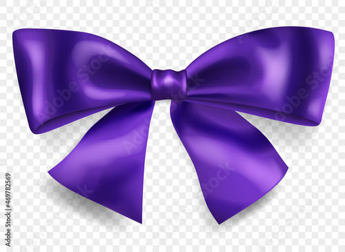 Beautiful big bow made of purple ribbon with shadow, isolated on transparent background. Transparency only in vector format