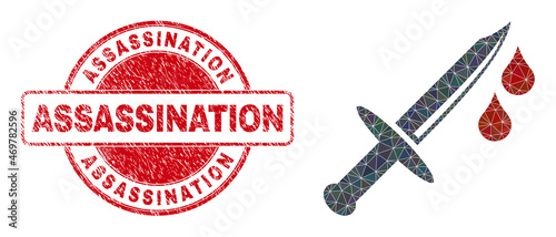 Low-Poly triangulated blood knife 2d illustration with Assassination grunge seal. Red stamp seal includes Assassination title inside round form. Blood knife icon filled with triangles.