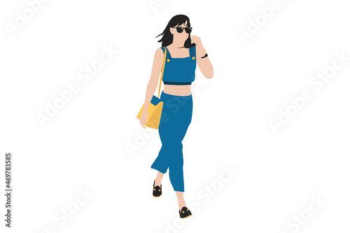 Vector illustration of fashionable women walking on the sidewalk