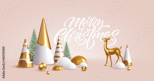 Christmas Realistic 3D trending backgrounds. 3D geometric minimalistic Christmas trees decoration for flyer, banner, advertisement. Vector illustration