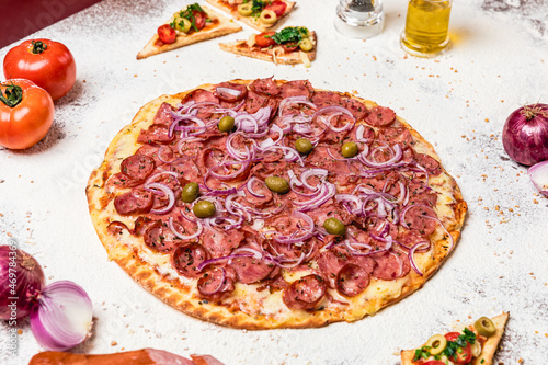 Delicious Pizza Classic Homemade Tomato Sauce Sausage Cheese Onion Meat Pasta Shrimp Restaurant Menu Gourmet on a wooden table