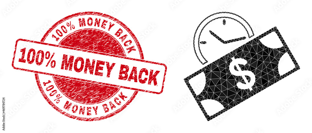 Low-Poly polygonal banknote credit time symbol illustration with 100% Money Back unclean seal imitation. Red seal includes 100% Money Back caption inside round it. Low-Poly polygonal banknote credit time symbol illustration with 100% Money Back unclean seal imitation. Red seal includes 100% Money Back caption inside round it.