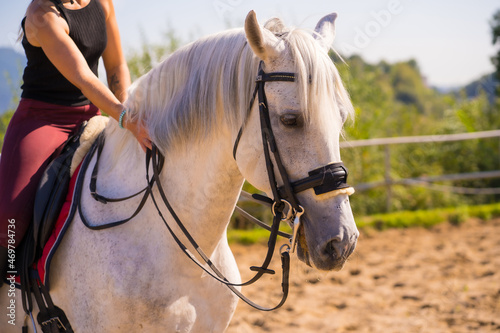 Unrecognizable blonde girl riding on a white horse, dressed black rider with safety hat
