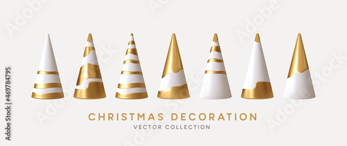 Christmas decorations vector collection. Set of realistic 3d white gold trendy decorations for christmas design isolated on white background. Christmas trees. Vector illustration