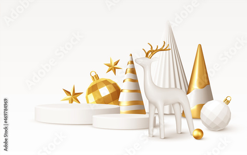 Christmas Realistic 3D trending backgrounds. 3D geometric minimalistic Christmas trees decoration for flyer, banner, advertisement. Vector illustration