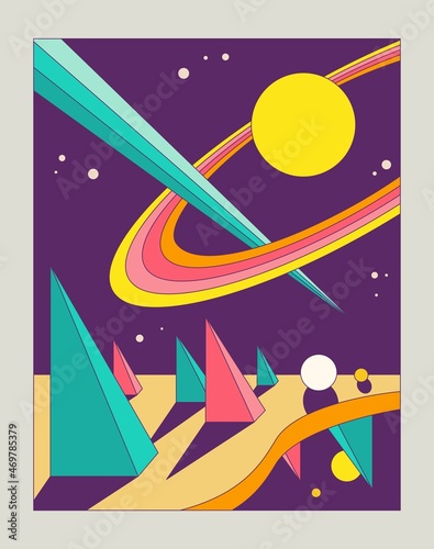 Abstract neo poster. Colorful Modern banner with geometric shapes and outer space. Design element for covers, social networks and wall decoration. Cartoon contemporary flat vector illustration
