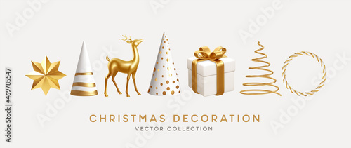 Christmas decorations vector collection. Set of realistic 3d white gold trending ornaments for christmas design isolated on white background. Christmas tree, star, deer, frame. Vector illustration