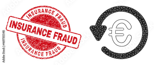 Low-Poly polygonal euro chargeback icon illustration, and INSURANCE FRAUD textured seal imitation. Red stamp contains Insurance Fraud text inside round shape.