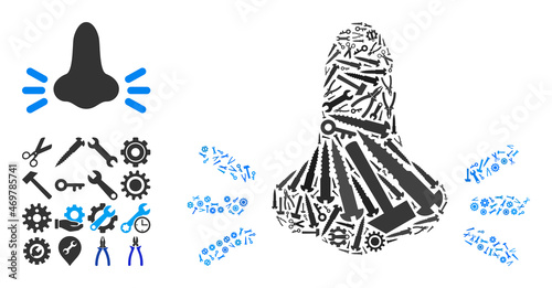 Service infected nose composition of service tools. Vector infected nose is designed of gears, wrenches, and other tools, and based on infected nose icon. Concept of tuning job.