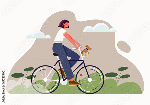 Eco friendly transport concept. Young modern woman rides bicycle. Female character on bike moves around city. Sports activities. Taking care of environment. Cartoon colorful flat vector illustration