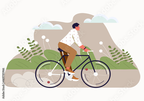 Eco friendly transport concept. Young man rides bicycle in park. Male character engaged in sports. Taking care of environment. Getting around city. Cartoon contemporary flat vector illustration