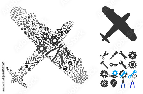 Repair service aeroplane collage of service tools. Vector aeroplane is composed of gearwheels, wrenches, and other instruments, and based on aeroplane icon. Concept of mechanic workshop.