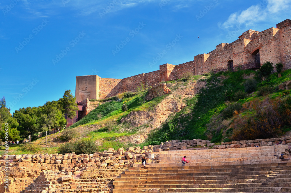 Walls of El Alcazar On the Hill over the Ruins of the Roman Theater in Malaga Spain