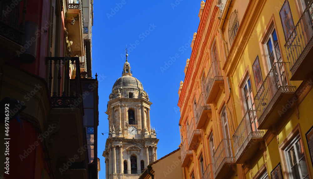 Bell Tower of the Malaga Cathedral Rises over the Narrow Streets of Old Town