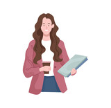 Business woman concept. Young Female entrepreneur holds documents in her hands and drinks coffee. Employee on lunch break. Beautiful girl in suit. Cartoon contemporary flat vector illustration