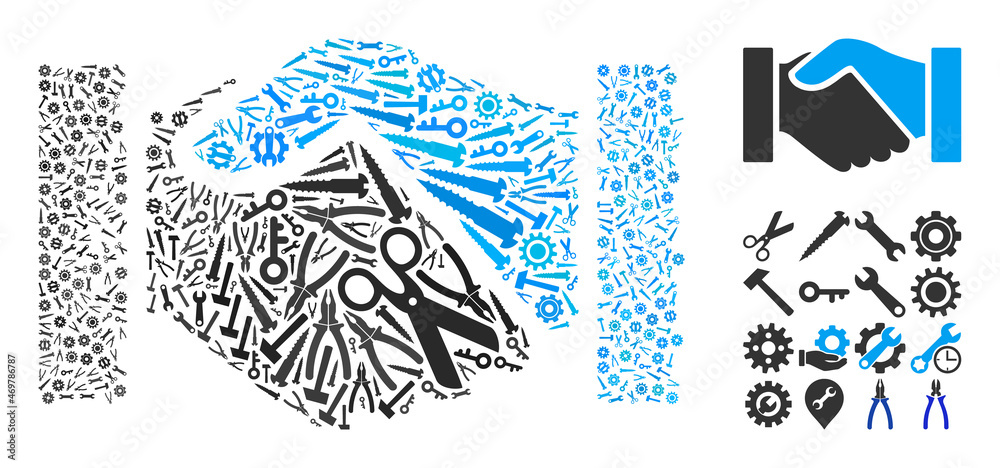Fototapeta premium Repair workshop handshake mosaic of service tools. Vector handshake is constructed of gearwheels, spanners, and other tools, and based on handshake icon. Concept of industrial service.