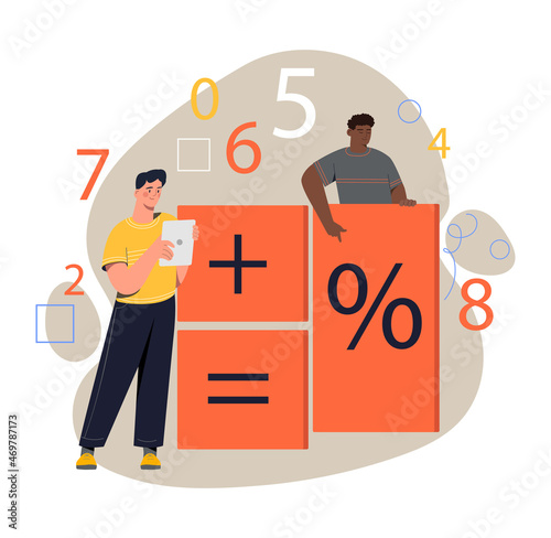 Calculator app concept. Young male entrepreneurs stand next to mathematical counting signs. Accountants or financial analysts develop strategy to increase profits. Cartoon flat vector illustration