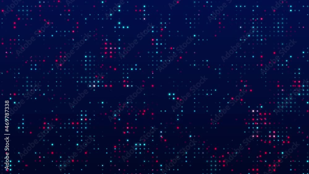 Hi tech motion graphic background, blue and red flickering dots on dark background