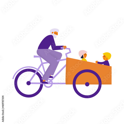 Elderly man riding cargo bike with children. Grandfather carries his grandchildren in bakfiets bicycle. Flat vector illustration photo