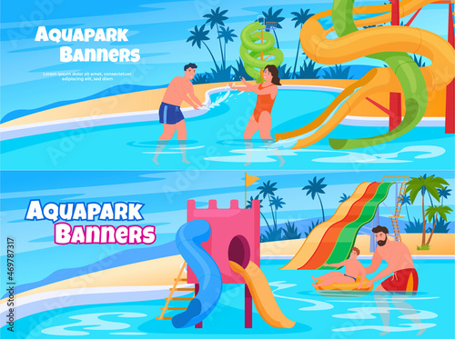 Aquapark banner set vector flat illustration. Water entertainment swimming pool and slides
