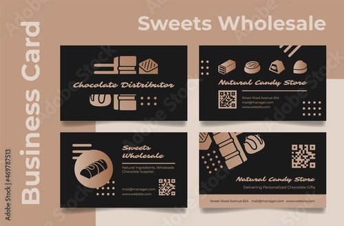 Chocolate distributor business card template set vector flat illustration. Company identification