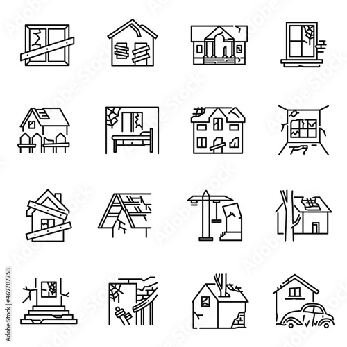 Monochrome old destroyed buildings set line icon vector illustration. Abandoned, broken house