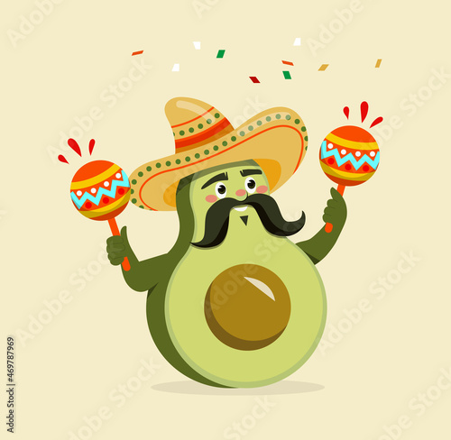 Cinco de Mayo concept. Smiling green avocado in sombrero holds maracas in his hands. Vegetable character with long mustache. Greeting card for Mexican holiday. Cartoon flat vector illustration