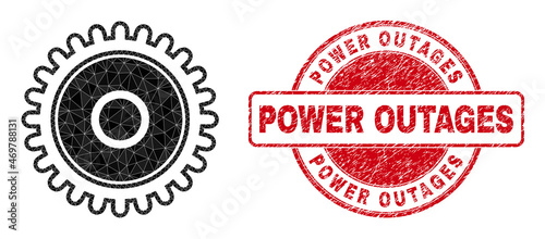 Low-Poly polygonal cog symbol illustration, and Power Outages scratched watermark. Red stamp includes Power Outages text inside round it. Cog icon filled using triangles.