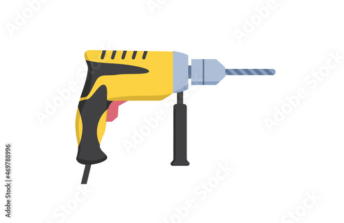 Construction tool icon. Colorful sticker with electric drill. Attribute for drilling holes in walls. Design element for websites, social networks and online stores. Cartoon flat vector illustration