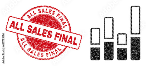 Lowpoly polygonal bar chart icon illustration, and All Sales Final corroded stamp. Red stamp seal contains All Sales Final text inside circle it. Bar chart icon is filled using triangles.