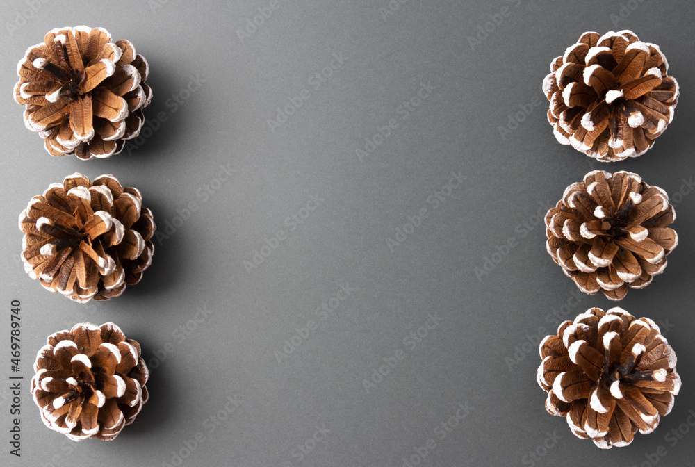 Decorative pine cones on a dark gray background, the basis for a greeting card for Christmas and new Year 2022