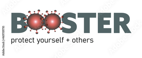 Vector for COVID-19 Booster shot with message protect yourself and others, dark grey writing on white background. COVID-19 vaccination, protection, vaccine, 3rd dose.