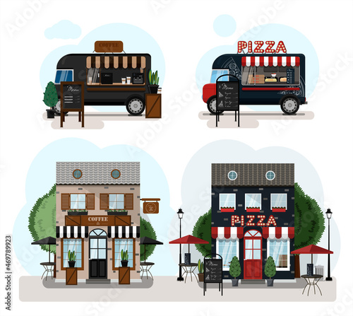 A set of vector food trucks, fast food and cafes. Cartoon pizza cafe and coffee house icons. Flat design of facades. Cliparts. Facade of an restaurant parlor with a summer outdoor terrace
