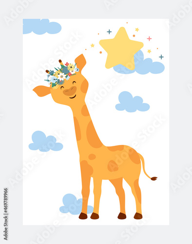 Poster with animal concept. Cute wild giraffe with flower wreath stands against sky and smiles. Design element for greeting cards and wall decoration in children room. Cartoon flat vector illustration
