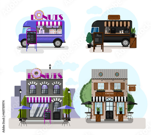 Fototapeta Naklejka Na Ścianę i Meble -  A set of vector food trucks, restaurants and cafes. Cartoon donuts cafe and coffee house icons. Flat design of facades. Cliparts. Facade of an ice cream parlor with a summer outdoor terrace