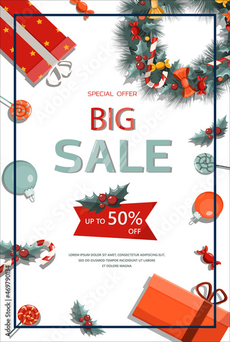 Flat vector banner Big Christmas sale. Cartoon Christmas template with festive decorations and food. New Year s card with a Christmas wreath, toys and garlands. Background for postcards and