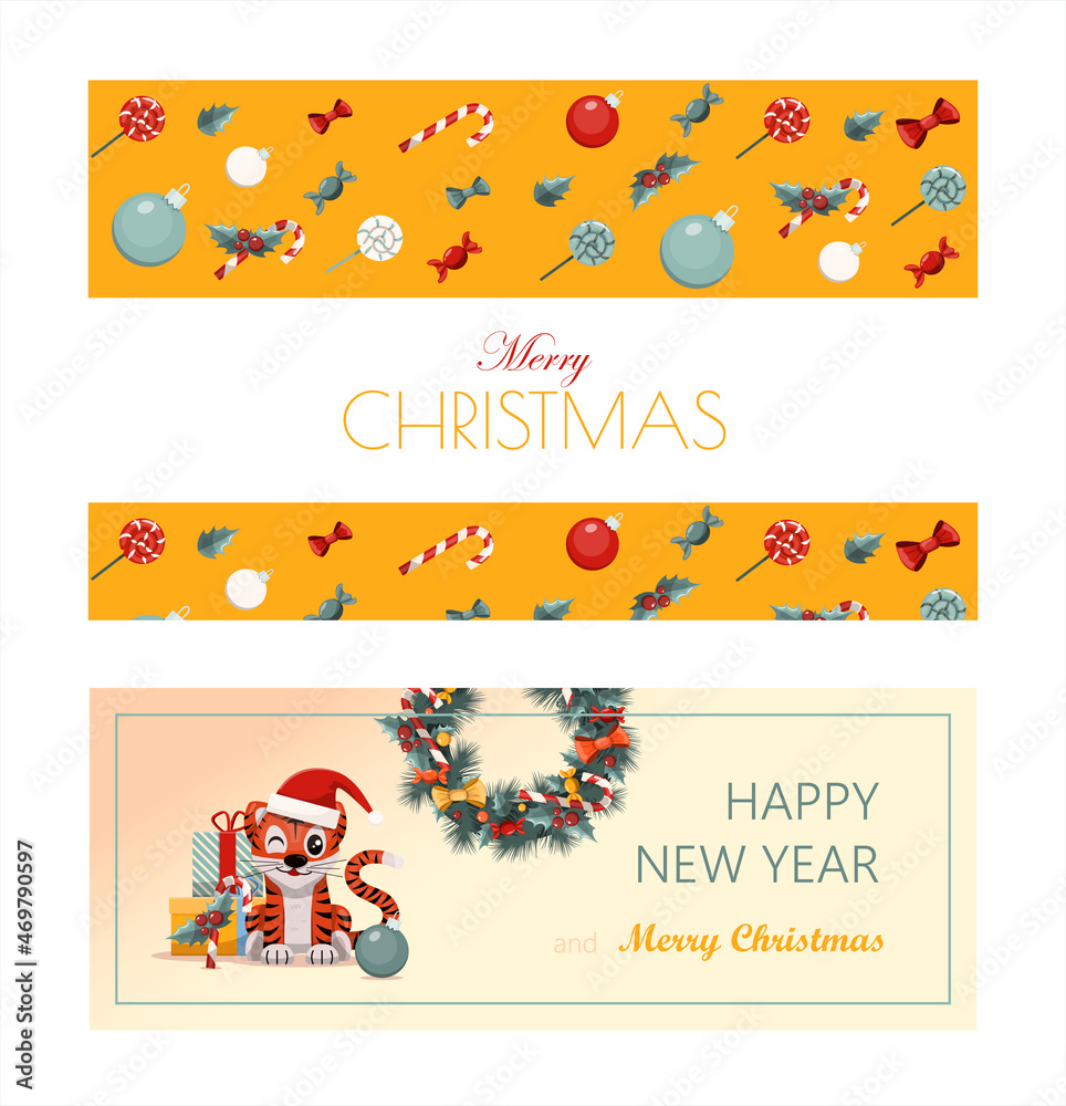 Fototapeta premium Set of flat vector banners Merry Christmas and happy new year. Cartoon Christmas template with festive decorations and food. Background for postcards and invitations. New Year s table with a pie and a