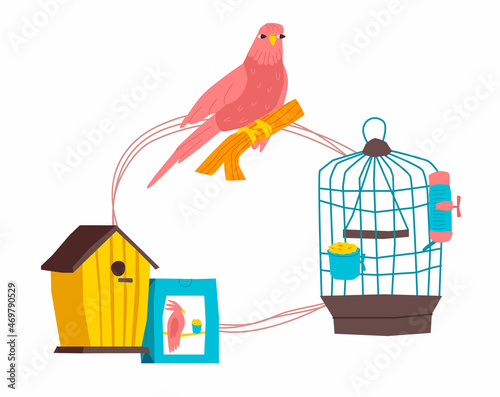 Vector flat illustration text frame with set of goods, accessories, food for poultry. Parrot is drawn on perch, birdhouse, cage, food, packaging. It can be used to design topic titles, headings, etc.