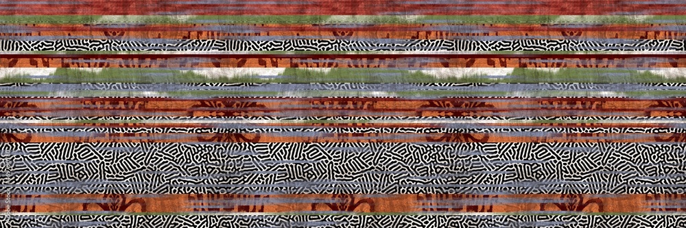 Seamless tribal ethnic stripe grungy border surface pattern design for print. High quality animal fur skin inspired illustration. Faded rug or carpet like cover graphic tile. Thick line textures.