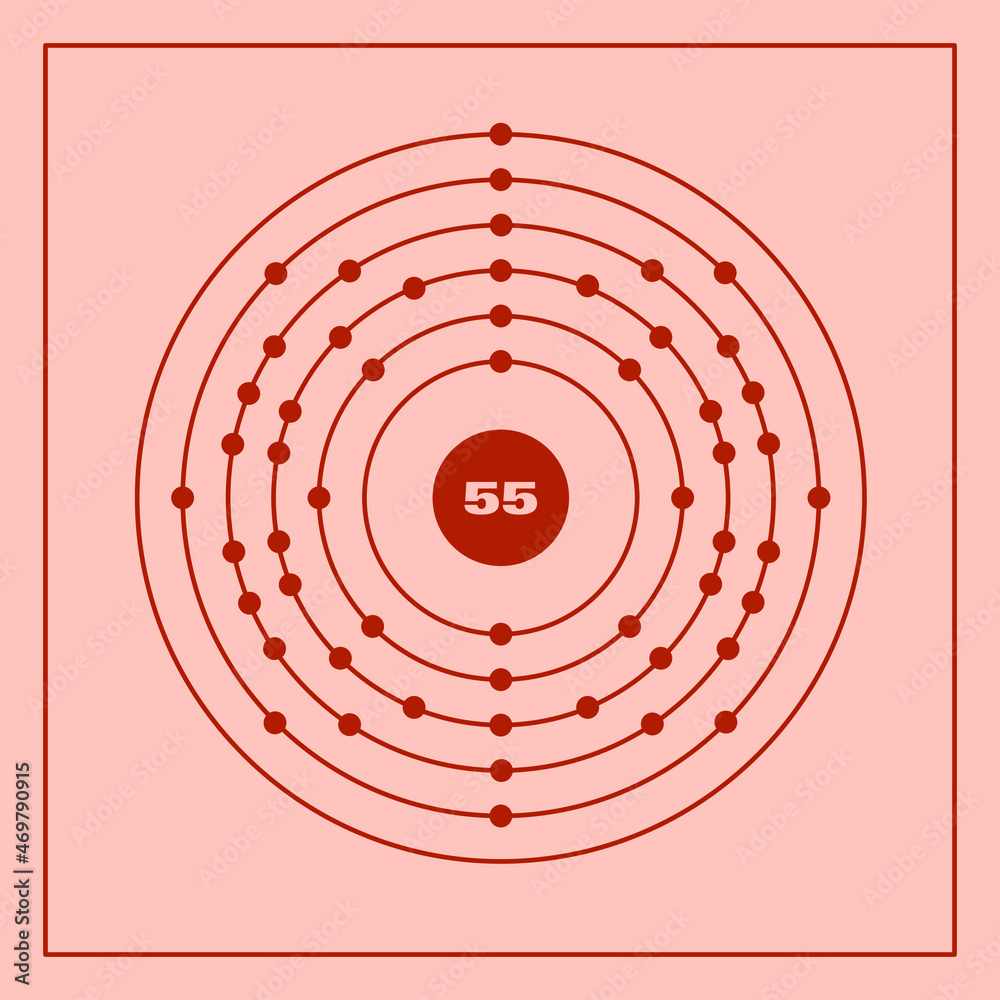 Bohr model representation of the caesium atom, number 55 and symbol Cs