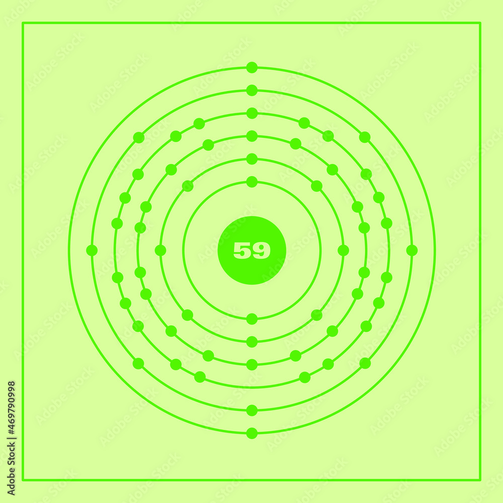 Bohr model representation of the praseodymium atom, number 59 and symbol Pr.
Conceptual vector illustration of praseodymium atom and electron configuration 2, 8, 18, 21, 8, 2. Bohr model representation of the praseodymium atom, number 59 and symbol Pr.
Conceptual vector illustration of praseodymium atom and electron configuration 2, 8, 18, 21, 8, 2.